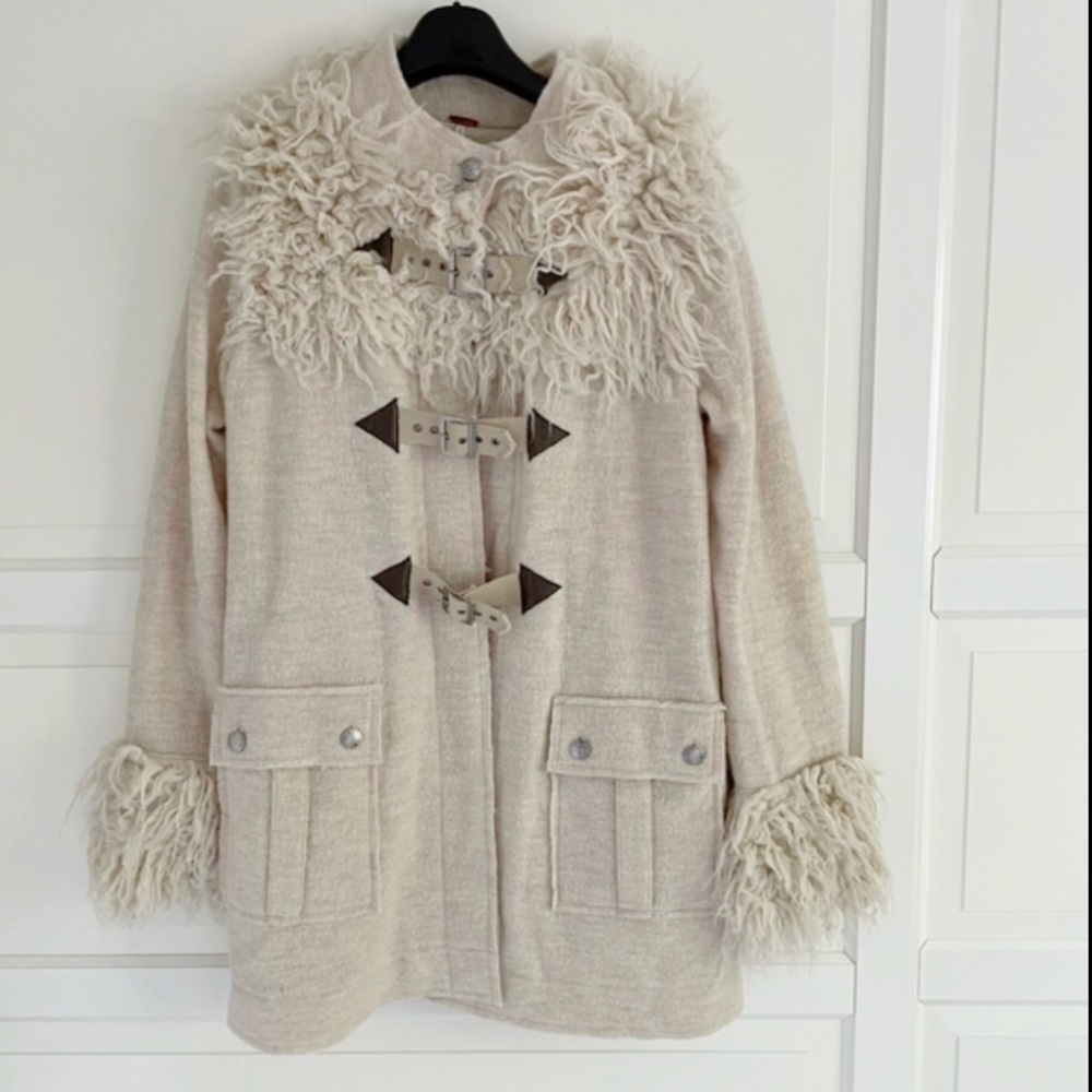 Free People Cream Faux Shearling Trim Toggle Coat